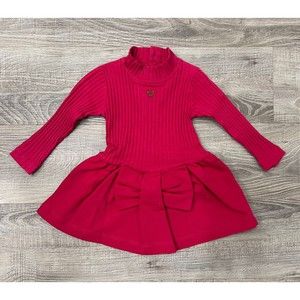 Lili Gaufrette Baby Girl's Dress 6M Long Sleeve Dark Pink Ribbed Knit Cotton Bow